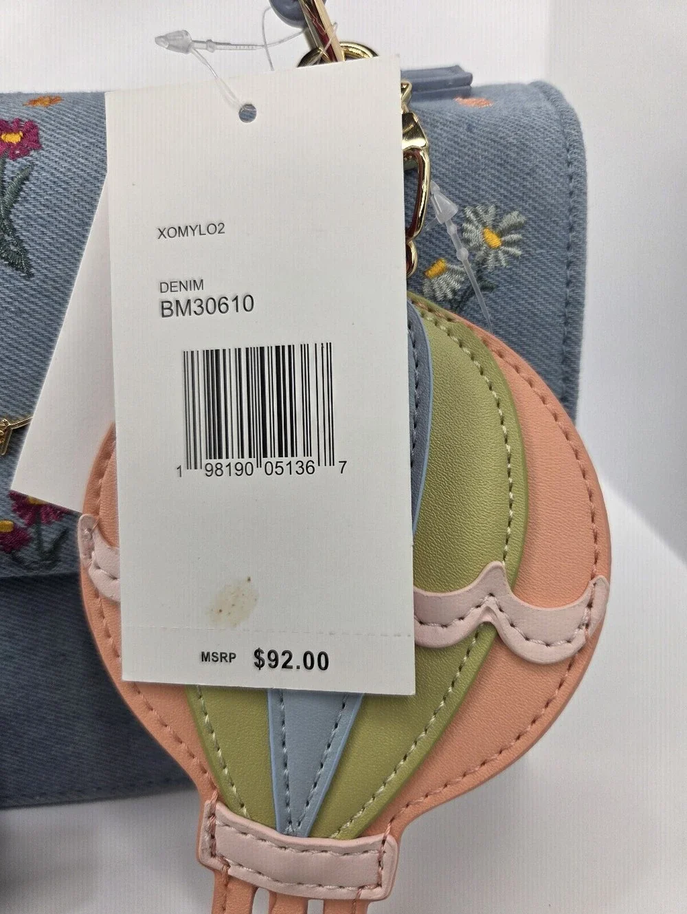 💙▪️Betsey Johnson▪️ Blue Denim Embroidered Top Handle Bag Hot Air Balloon Charm